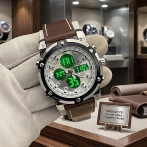 casio double time leather watch – digital & analog dual display wristwatch
